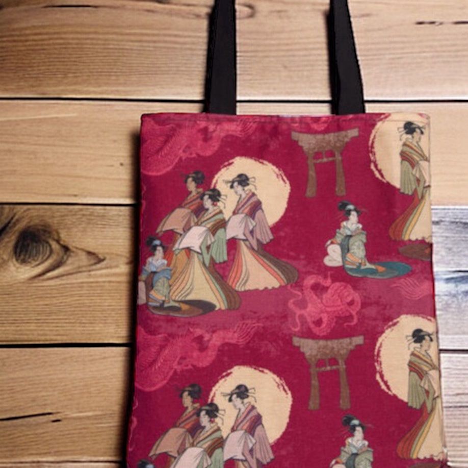 JAPANESE HANDMADE RED TOTE BAG IN CANVA FABLIC WITH LINNEN