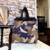 TSURU TORI 鶴鳥 TOTE BAG IN DEEP BLUE COTTON JAPANESE FABRIC WITH GOLDEN AND BLACK COLORED DETAILS