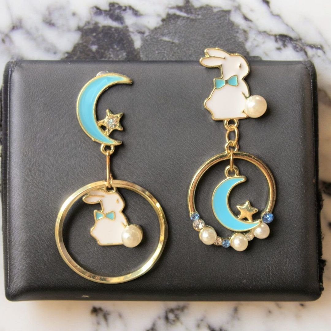 Japanese Earings Bunny and HalfMoon Blue MOMO KIDOHO