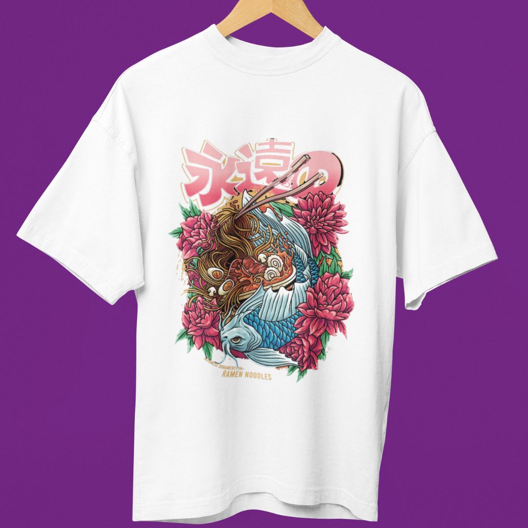 CAMISETA JAPONESA RAMEN KOI PESCADO Y FIDEOS MOMO KIDOHO