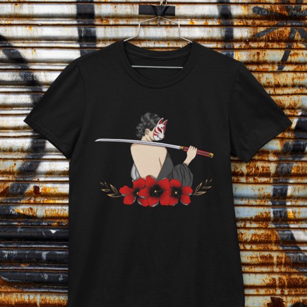 Camiseta japonesa Neko Guerrera con Katana MOMO KIDOHO