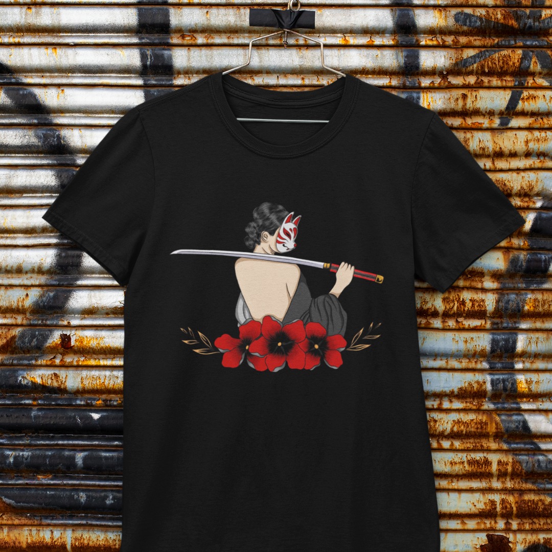 Japanisches T-Shirt Neko-Kriegerin mit Katana MOMO KIDOHO