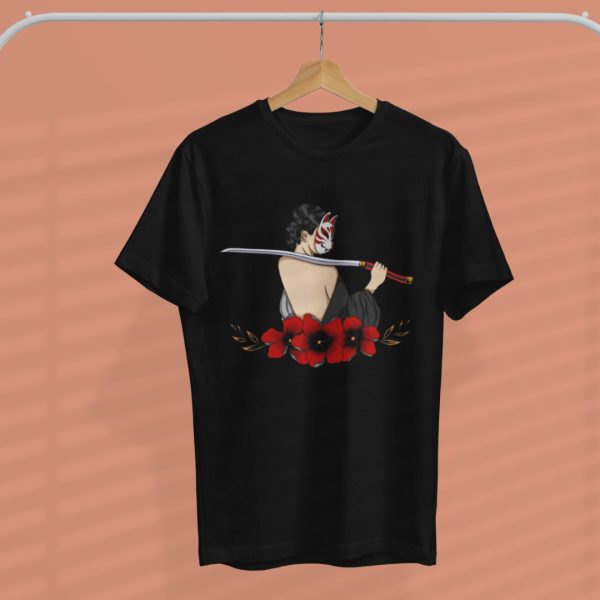 Japanese t-shirt Neko Warrior with Katana MOMO KIDOHO