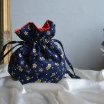 IWASAKI FUROSHIKI 風呂敷 , BLUE MARINE WITH GOLDEN FLOWERS POUCH