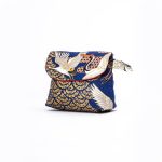 TSURU TORI 鶴鳥 MINI PURSE BAG IN DEEP BLUE COTTON JAPANESE FABRIC WITH GOLDEN AND BLACK COLORED DETAILS